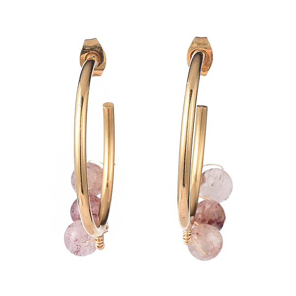 PandaHall Stud Earrings, Half Hoop Earrings, with Natural Strawberry Quartz Beads, Golden Plated 304 Stainless Steel Stud Earring Findings...