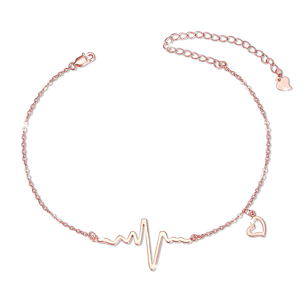 PandaHall SHEGRACE 925 Sterling Silver Link Anklets, with Cable Chains, Heartbeat and Heart, Rose Gold, 8-1/4 inches(21cm) Sterling Silver