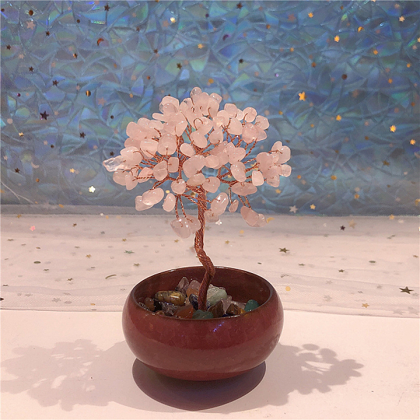 

PandaHall Natural Rose Quartz Chips Tree of Life Decorations, Ceramics Bowl Base with Copper Wire Feng Shui Energy Stone Gift for Women Men...