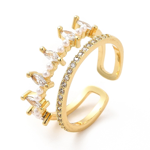 

PandaHall Clear Cubic Zirconia Crown Open Cuff Ring with Plastic Pearl Beaded, Brass Jewelry for Women, Real 18K Gold Plated, US Size 7 3/4...