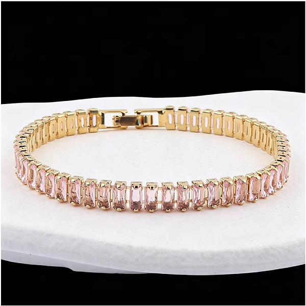 Bracciale tennis da donna in ottone con zirconi cubici rosa a rettangolo