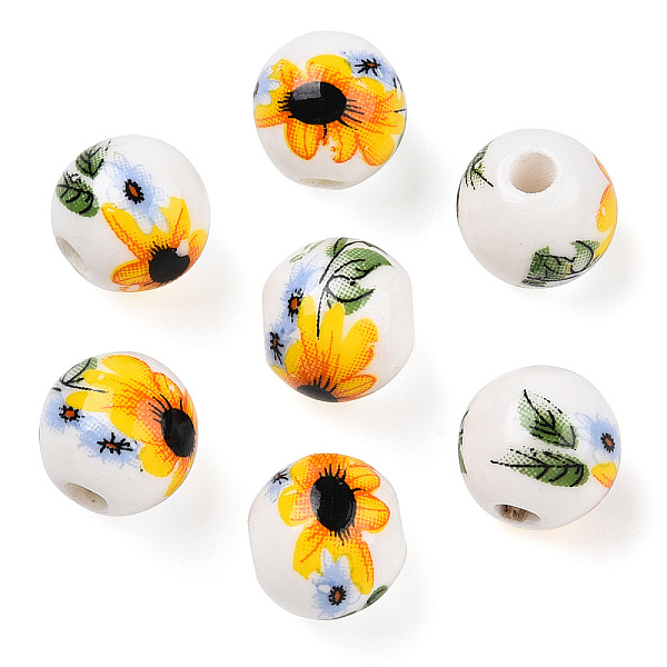 

PandaHall Handmade Porcelain Beads, Round with Sunflower Pattern, White, 10mm, Hole: 2mm Porcelain Round White