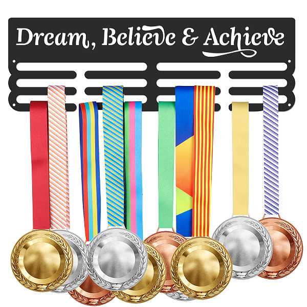 

PandaHall Fashion Iron Medal Hanger Holder Display Wall Rack, with Screws, Word Dream Believe & Achieve, Word, 150x400mm Iron Word