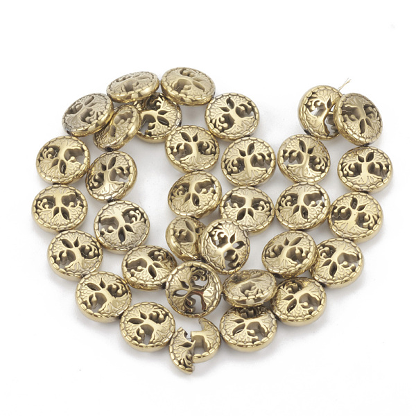 

PandaHall Electroplate Non-magnetic Synthetic Hematite Beads Strands, Flat Round with Tree of Life, Light Gold Plated, 12~12.5x4~4.5mm, Hole...