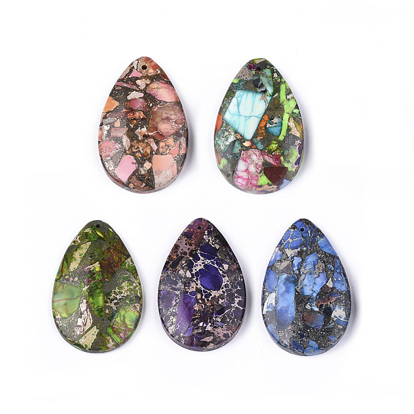 

PandaHall Synthetic Gold Line Regalite/Imperial Jasper/Sea Sediment Jasper Pendants, Dyed, Drop, Mixed Color, 48x30~30.5x7mm, Hole: 1.4mm..., Multicolor