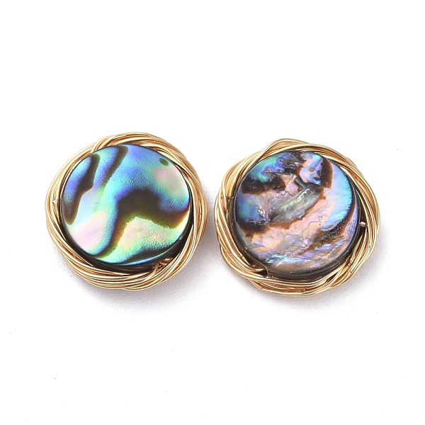 

PandaHall Abalone Shell/Paua Shell Copper Wire Wrapped Flat Round Cabochons, Golden, 10x3mm Paua Shell Flat Round