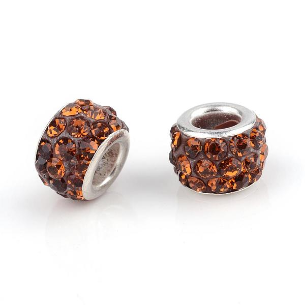 

PandaHall Polymer Clay Rhinestone European Beads, Large Hole Beads, Rondelle, with Silver Color Plated Brass Cores, Coffee, 10~12x7~8mm..., Brown