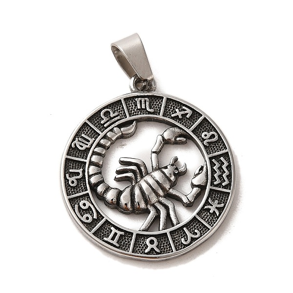 

PandaHall 304 Stainless Steel Pendants, Flat Round with Twelve Constellations Charms, Antique Silver, Scorpio, 28x25x2mm, Hole: 7x5mm 304...