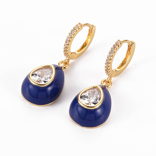 

PandaHall Brass Micro Pave Clear Cubic Zirconia Huggie Hoop Earrings, with Enamel, Nickel Free, Teardrop, Golden, Dark Blue, 33mm, Pin: 1mm...
