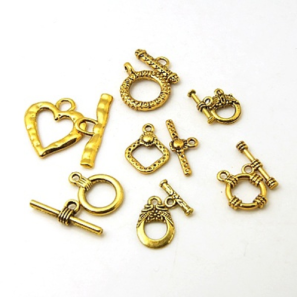 

PandaHall Mixed Tibetan Style Toggle Clasps, Antique Golden, Toggle: 15~25x10~15mm, Bar: 15~25mm, Hole: 2~3mm Alloy Others