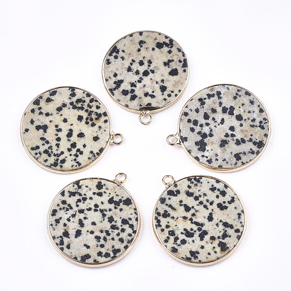 

PandaHall Natural Dalmatian Jasper Pendants, with Brass Findings, Flat Round, Golden, 35~36x31~32x3mm, Hole: 2mm Dalmatian Jasper Flat Round