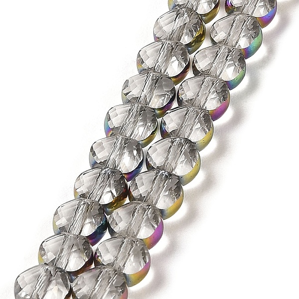 

PandaHall Electroplate Transparent Glass Beads Strands, Rainbow Plated Edge Beads , Faceted Flat Round, Clear, 5.5~6x6~7x3.5~4.5mm, Hole...