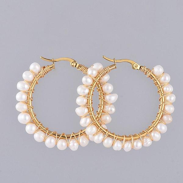 

PandaHall 304 Stainless Steel Hoop Earrings, with Natural Cultured Freshwater Pearl, Copper Wire, Golden, 44x6mm, Pin: 0.6x1mm Pearl Ring