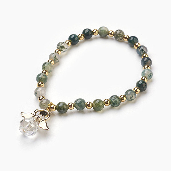 

PandaHall Natural Moss Agate Beads Stretch Charm Bracelets, with Brass and Alloy Findings, Angel, 2-1/8 inch(5.4cm), Charm: 21x19x10mm Moss...