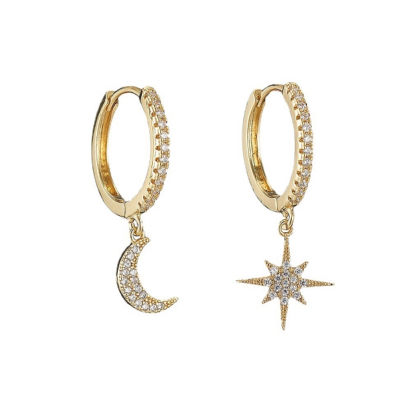 

PandaHall Clear Cubic Zirconia Star & Moon Asymmetrical Earrings, Brass Dangle Hoop Earrings for Women, Golden, 29~33x17.5x2mm Cubic...