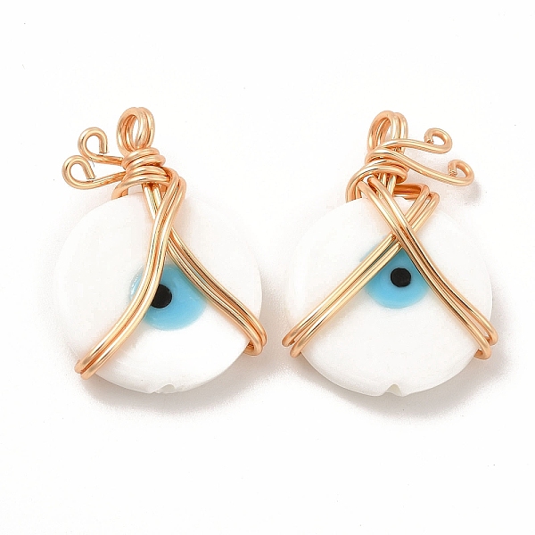 

PandaHall Wire Wrapped Handmade Lampwork Pendants, with Copper Findings, Real 18K Gold Plated, Long-Lasting Plated, Flat Round with Evil Eye..., White