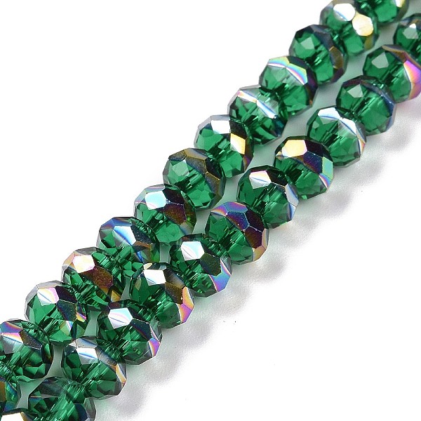 

PandaHall Transparent Electroplate Glass Beads Strands, Faceted, Rondelle, Half Rainbow Plated, Green, 7.5~8x6.5~7mm, Hole: 1.4mm, about...