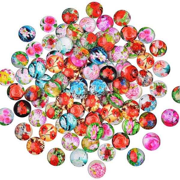 

PandaHall 100Pcs Flower Printed Glass Cabochons, Half Round/Dome, Mixed Color, 20x6mm Glass Half Round Multicolor