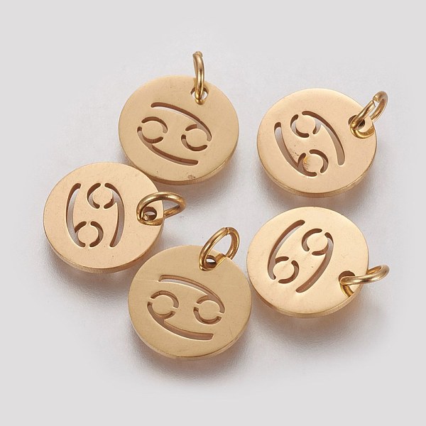 

PandaHall 304 Stainless Steel Charms, Flat Round with Constellation/Zodiac Sign, Golden, Cancer, 12x1mm, Hole: 3mm 304 Stainless Steel...