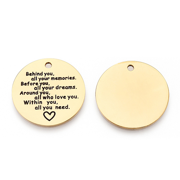 

PandaHall 201 Stainless Steel Pendants, Flat Round with Word, Golden, 30x1.5mm, Hole: 2mm 201 Stainless Steel Flat Round