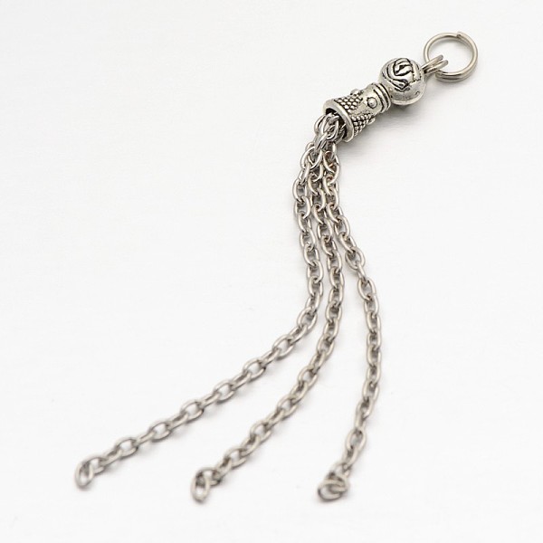 

PandaHall Brass Tassel Pendant Decorations, Cross Chains, with Tibetan Style Round Beads and Caps, Antique Silver & Platinum, 85x6mm, Hole...