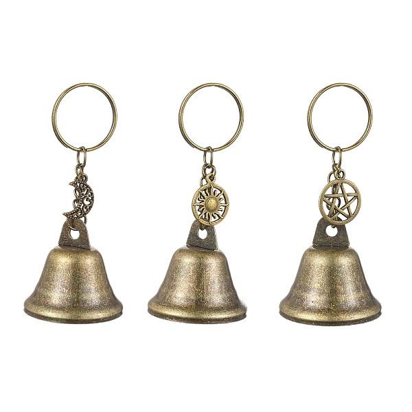 Iron Bell & Hollow Out Moon/Star/Sun Alloy Pendant Keychains