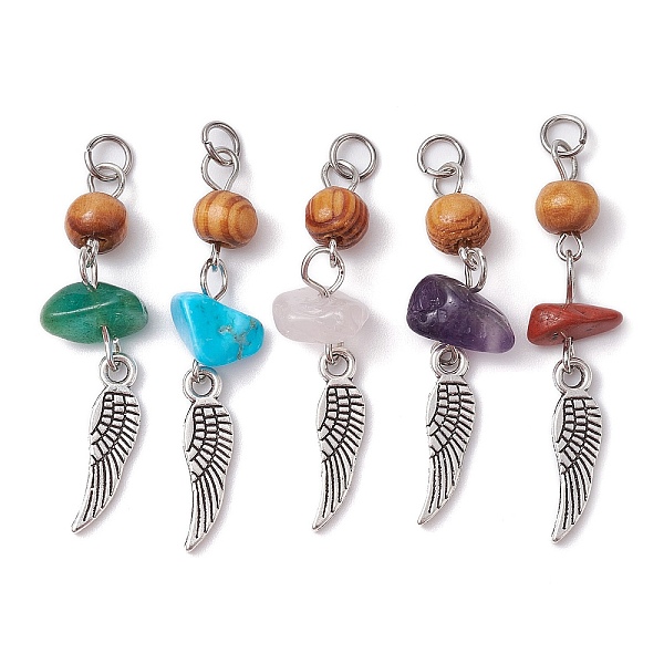 

PandaHall Gemstone Chip Pendants, Antique Silver Plated Alloy Wing Charms with Natural Wood Beads, Mixed Dyed and Undyed...