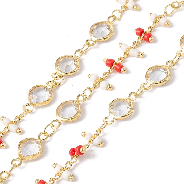 

PandaHall Handmade Eco-friendly Brass Flat Round Link Chains, with Glass & Seed Beaded, Real 18K Gold Plated, Lead Free & Cadmium Free..., Red
