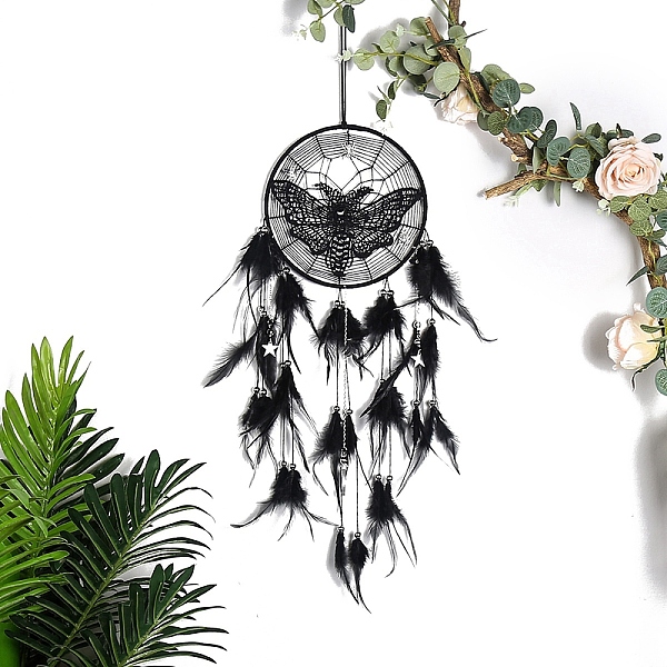 

PandaHall Gothic Style Macrame Tassel Wall Hanging, Iron Woven Web/Net with Feather Pendant Decorations, Butterfly, 200mm Feather Butterfly..., Black