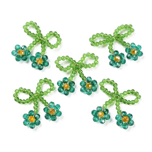 

PandaHall Glass Beaded Pendants, with Copper Wire, Bowknot with Flower Charms, Teal, 25~27x25~28x5~5.5mm, Hole: 5.5x7.5mm Glass Bowknot Cyan