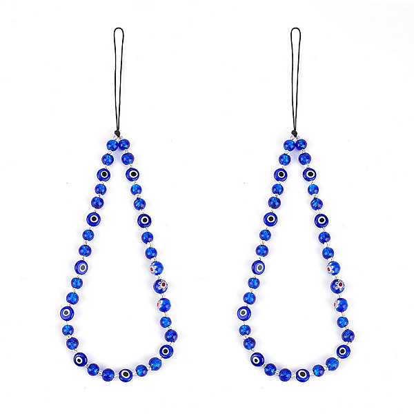 Evil Eye Lampwork Beaded Mobile Phone Straps, Braided Nylon Thread Mobile Accessories Decoration, Blue, 27cm, 2pcs/set