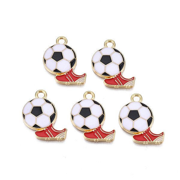 

PandaHall Alloy Enamel Pendants, Cadmium Free & Nickel Free & Lead Free, Light Gold, Football with Shoes, White, 25x21.5x2.5mm, Hole: 2.5mm...