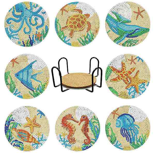 

PandaHall DIY Coaster Diamond Painting Kits, Including Flat Round Cup Mat, Cork Pad, Coaster Holder, Resin Rhinestones Bag, Diamond Sticky...