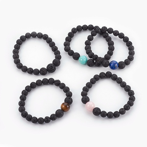PandaHall Natural Lava Rock Beads Stretch Bracelets, with Mixed Stone Beads, 2-1/8 inch(5.4cm) Mixed Stone