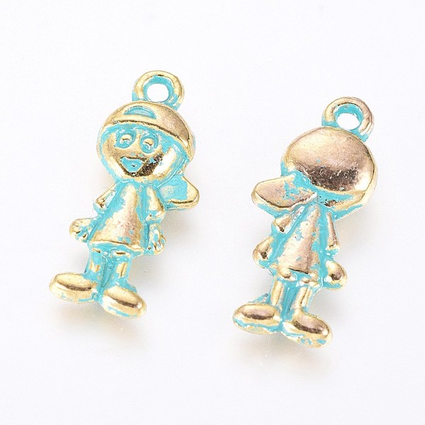 

PandaHall Alloy Human Pendants, Boy, Golden & Green Patina, 18x8x3mm, Hole: 1.5mm Alloy Human