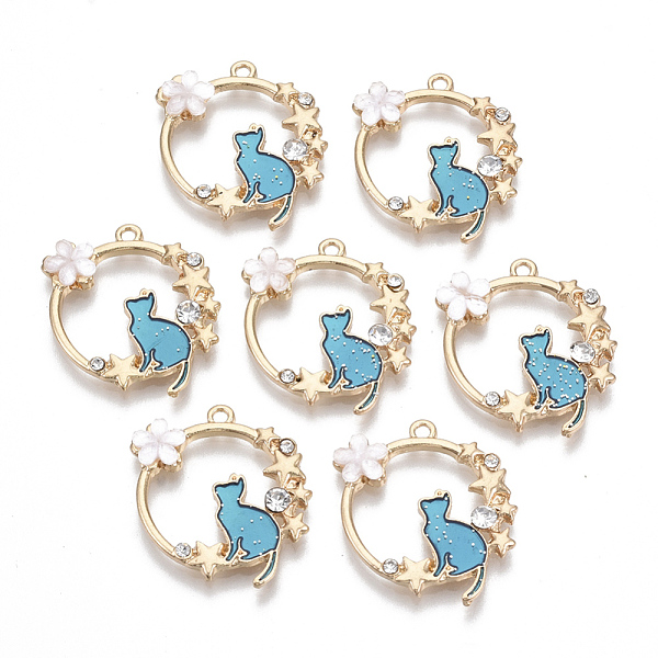 

PandaHall Alloy Crystal Rhinestone Pendants, with Enamel and Resin, Glitter Powder, Golden, Cat with Flower, Sky Blue, 24x22x3mm, Hole..., Clear