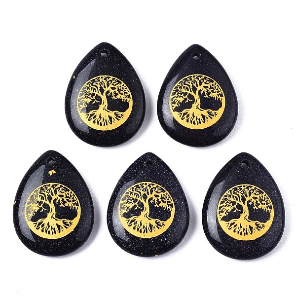 

PandaHall Synthetic Blue Goldstone Pendants, Teardrop with Tree of Life Pattern, 32~33.5x25~26x6.5~7.5mm, Hole: 2mm, 6pcs/bag Blue Goldstone...