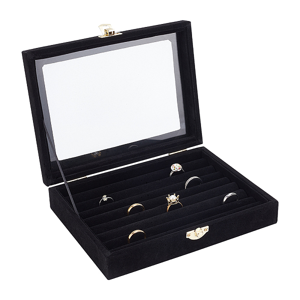 PandaHall Velvet Jewelry Presentation Boxes, Ring Earring Display Organizer Case with Glass Window and Golden Tone Alloy Clasps, Rectangle...