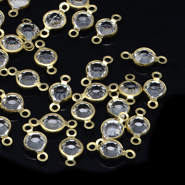 

PandaHall Golden Tone Brass Glass Links connectors, Faceted Flat Round, Clear, 10x4~5x2mm, Hole: 1.5mm Glass Flat Round Clear