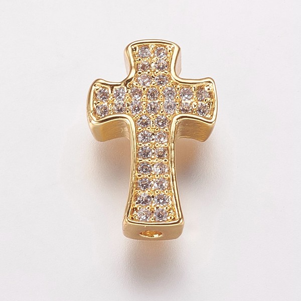 

PandaHall Brass Cubic Zirconia Beads, Cross, Clear, Golden, 14x9x3.5mm, Hole: 1mm Brass+Cubic Zirconia Cross Clear