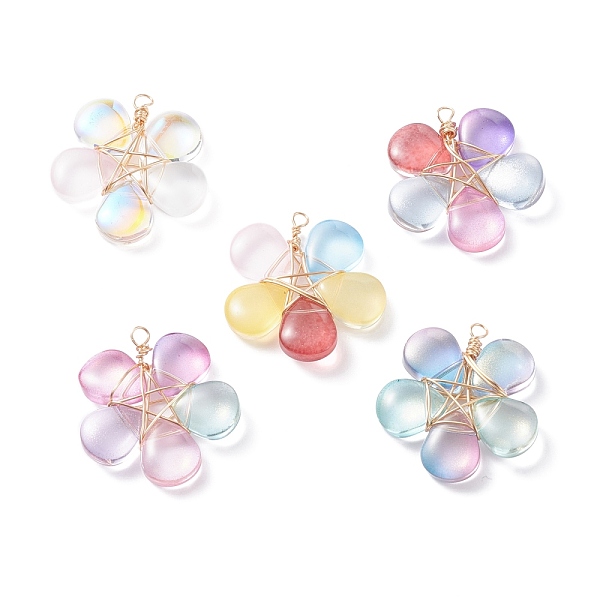 

PandaHall Wire Wrapped Glass Pendants, with Brass Findings, Flower, Light Gold, 30.5x29x5mm, Hole: 2mm Brass+Glass Flower