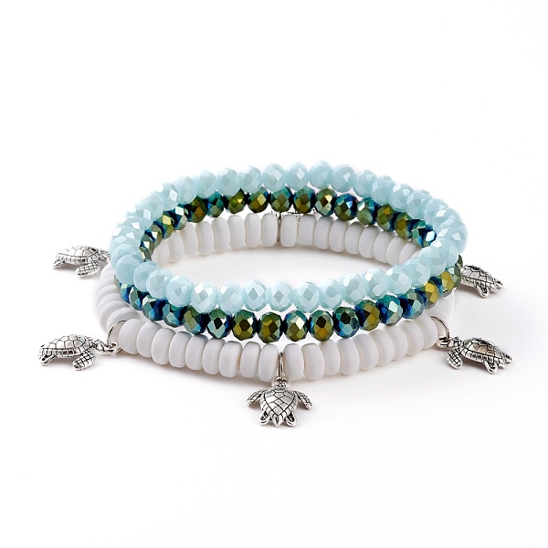 

PandaHall 3Pcs 3 Styles Stretch Bracelets Sets, Stackable Bracelets, with Polymer Clay Beads, Glass Beads and Alloy Sea Turtle Pendants..., Multicolor