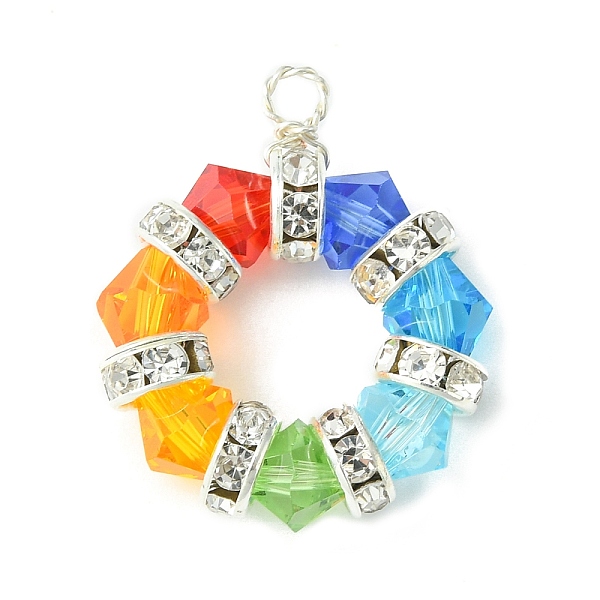 

PandaHall Faceted Glass Copper Wire Wrapped Pendants, Round Ring Charms, Colorful, 24.5x21x6mm, Hole: 2.2mm Glass Ring Multicolor