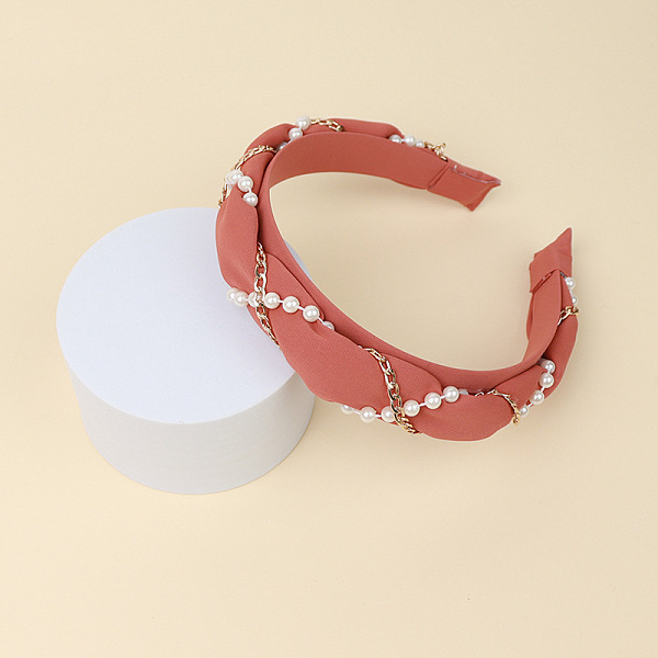 

PandaHall Cloth Hair Bands, with Plastic Pearl & Alloy Chains, Hair Accessories for Women Girls, Salmon, 30mm, Inner Diameter: 140x160mm..., Red