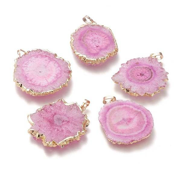 

PandaHall Dyed Natural Druzy Solar Quartz Crystal Pendants, Edge Plated, with Brass Bails, Sunflower, Golden, Pearl Pink, 40~50x30~45x5~6mm...