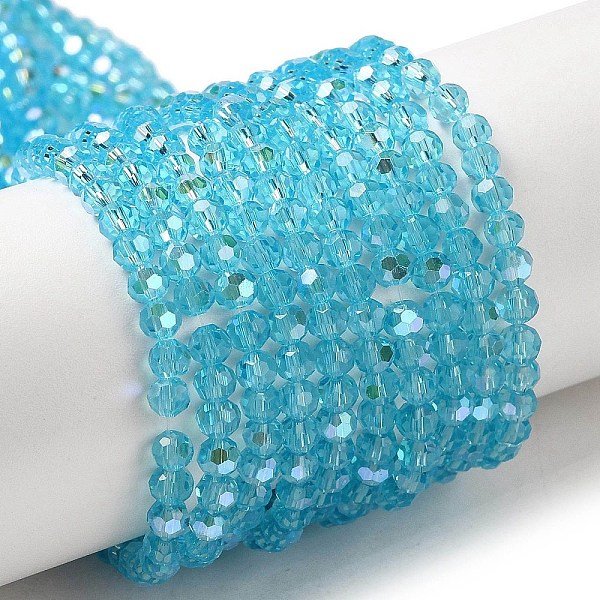 

PandaHall Electroplate Transparent Glass Beads Strands, Faceted, Round, Rainbow Plated, Deep Sky Blue, 3mm, Hole: 0.8mm, about...
