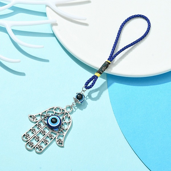 

PandaHall Alloy with Resin Evil Eye Pendant Decoration, with Polyester Braided Rope, Hamsa Hand, 166mm Alloy Hamsa Hand
