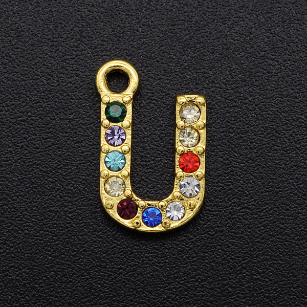 

PandaHall Alloy Rhinestone Charms, Golden, Colorful, Letter, Letter.U, 12.5x8x2mm, Hole: 1.5mm Alloy+Rhinestone Letter U Multicolor