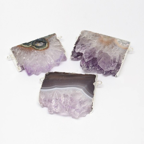 

PandaHall Natural Druzy Amethyst Links connectors, Rectangle, with Brass Finding, Silver, 23~30x40~50x8mm, Hole: 2mm Amethyst Rectangle