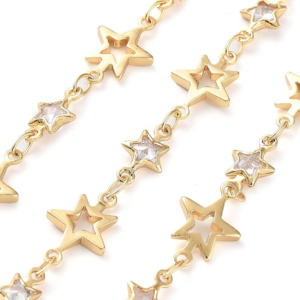 

PandaHall Handmade Glass Star Link Chains, with Brass Findings, with Spool, Soldered, Real 18K Gold Plated, Star: 12.5x8x1mm and 10x5.5x2mm..., Clear